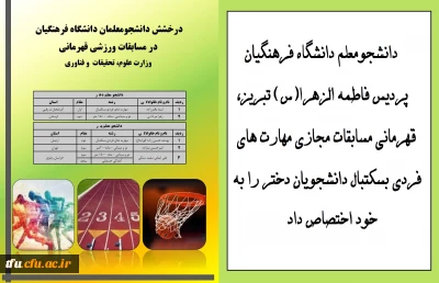 معاون دانشجویی خبر داد:

درخشش دانشجومعلمان در مسابقات ورزشی قهرمانی دانشگاه ها و موسسات آموزش عالی سراسر کشور
