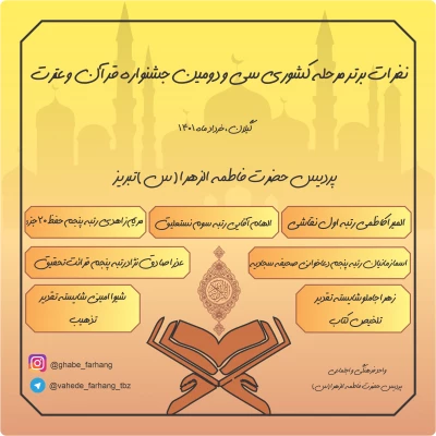 درخشش دانشجویان پردیس فاطمه الزهرا (س) تبریز در سی  و دومین جشنواره قرآن و عترت دانشجو معلمان کشور 2