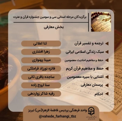 اعلام نفرات برتر استانی جشنواره قرآن و عترت 8